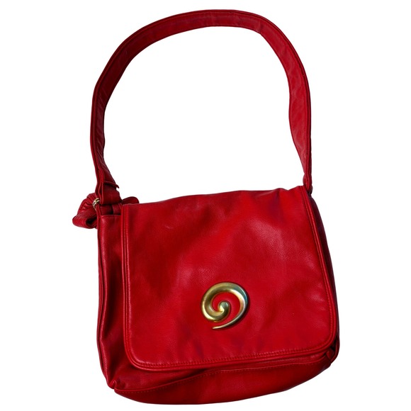 VTG 80s Monet Cherry Red Faux Leather Shoulder Bag Purse Gold Spiral Accent Art - Picture 1 of 8